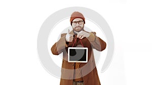 Handsome Caucasian man holds small blackboard and shows thumb up isolated studio shot white background copy space