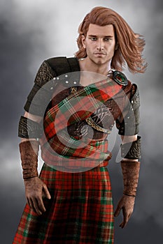 CGI Romantic Scottish Warrior Prince wearing armor and red kilt photo