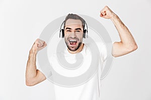 Handsome cheerful man wearing blank t-shirt