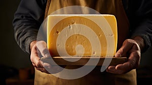 Handsome cheesemaker displays his artisanal cheese with a touch of elegance. cheese in hands