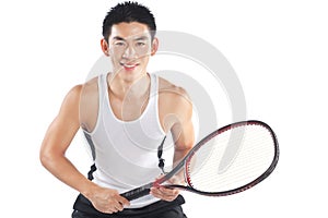 Handsome Chinese tennis player posing with racket