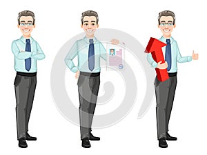 Handsome confident business man, set of three poses