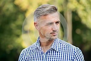 Handsome and confident. Handsome man on summer outdoor. Mature person with handsome face. Fashion and style. Grooming photo