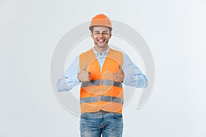 Handsome and confindent professional worker showing thumb-up or like gesture smiling happy isolated on white background.