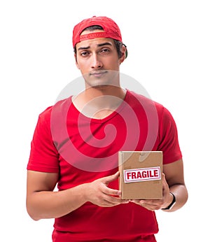 Handsome contractor holding fragile box isolated on white