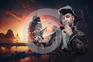 Handsome corsair with saber against background with sea and ship