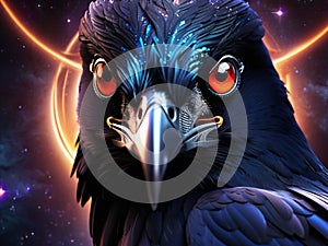 handsome cosmic raven god looking at viewer fierce