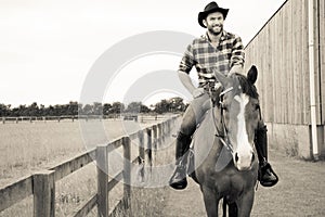 Handsome cowboy, horse rider on saddle, horseback adn boots