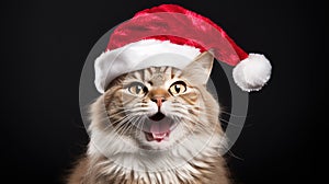 Handsome cute young cat wearing Santa hat on christmas light background looking at camera, christmas pets concept with