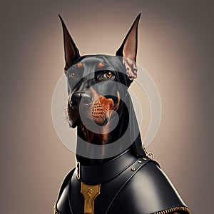 Handsome doberman in service clothes. Leather uniform. Smart and serious look.