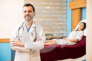 Handsome doctor in a hosptial room