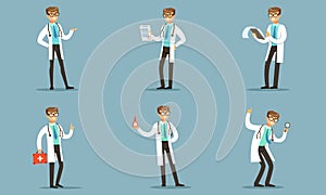 Handsome Doctor Making Daily Practical And Paper Work Vector Illustration Set Isolated On Blue Background