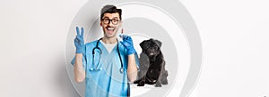 Handsome doctor veterinarian holding syringe and standing near cute black pug, vaccinating dog, white background