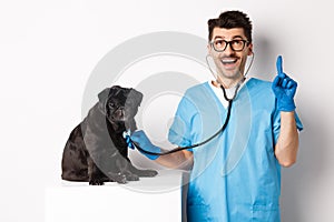 Handsome doctor veterinarian smiling, examining pet in vet clinic, checking pug dog with stethoscope, pointing finger up