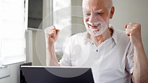 Handsome elderly senior man working on laptop computer at home. Received good news excited and happy