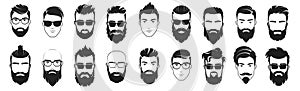 Handsome face man beard man emblems icons. Set of vector bearded hipster men faces. Haircuts, beards, mustaches set