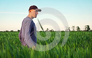 Handsome farmer. Young man walking in green field. Spring agriculture
