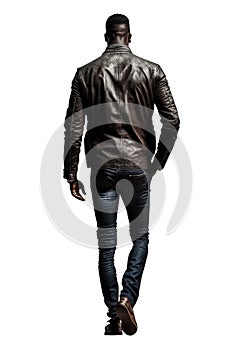 handsome fashion black man walking with his hand in his pocket. leather jacket. jean pants. PNG file