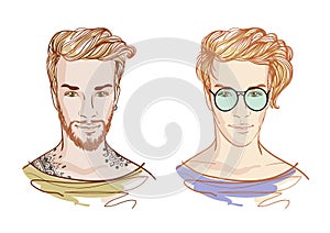 Handsome fashion men. Hipsters. Vector doodle illustration isolated on white.