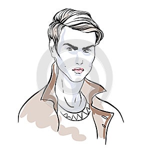 Handsome fashion men`s portrait. Vector doodle illustration isolated on white.