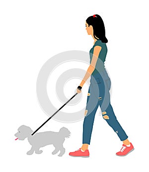 Handsome girl walking with dog vector illustration, isolated on white background. Maltese dog. Lady with cute puppy outdoor.