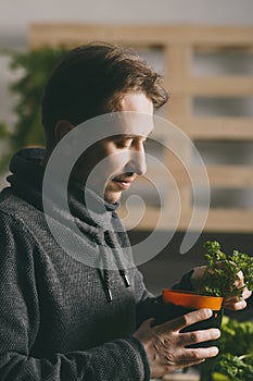 Handsome grower carefully growing and checking plants