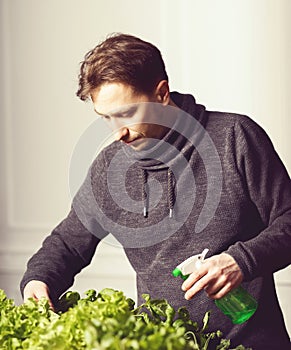 Handsome grower is watering potted plants indoor.