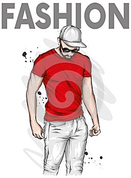 A handsome guy in cap and a T-shirt. A sporty man in summer clothes. Vector illustration for a postcard or a poster.