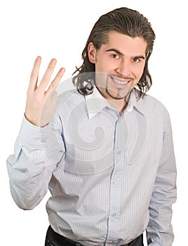 Handsome guy counts on his fingers three isolated