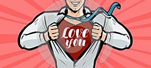 Handsome guy is explained in love, greeting card or banner. Vector illustration in style comic pop art photo