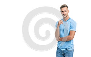 handsome guy with graying hair isolated on white backdrop with copy space, mens beauty