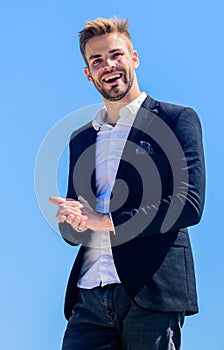 Handsome guy posing in formal suit blue sky background. Office worker. Looking impeccable. Ready to work. Male fashion