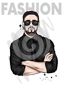 A handsome guy in a shirt, a cap and glasses. Vector illustration. Fashion, style, clothing and accessories. Stylish man.