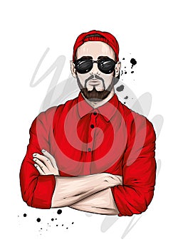 A handsome guy in a shirt, a cap and glasses. Vector illustration. Fashion, style, clothing and accessories. Stylish man.