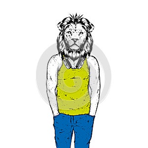 A handsome guy with a sports body and a lion`s head. A man in stylish clothes. Fashion and style, clothing and accessories.