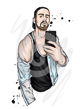 Handsome guy in a t-shirt, jacket and cap takes a selfie. A man and a smartphone. Vector illustration for a card or poster, print