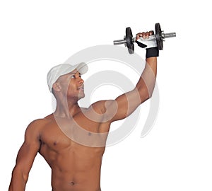 Handsome guy training with dumbbells