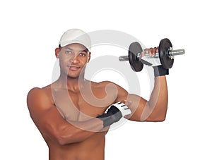 Handsome guy training with dumbbells