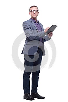 Handsome happy businessman or banker taking notes on clipboard as paperwork