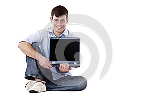 Handsome, happy man holding computer monitor