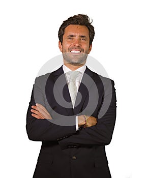 Handsome happy man in suit posing for company corporate business portrait relaxed and confident smiling happy isolated on white as