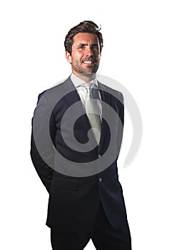 Handsome happy man in suit posing for company corporate business portrait relaxed and confident smiling happy isolated on white as