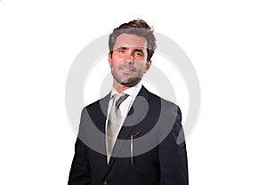 Handsome happy man in suit posing for company corporate business portrait relaxed and confident smiling happy isolated on white as