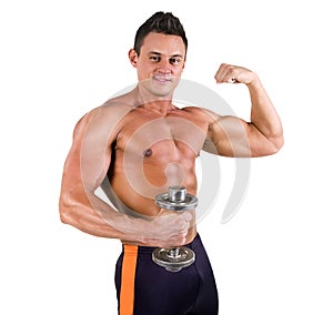 Handsome Healthy young man with muscular torso posing with dumbbell and smiling. Isolated on white background.