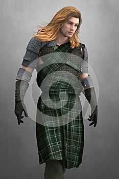 Handsome highlander man wearing a kilt against a grey backdrop. photo