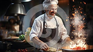 Handsome Italian chef on kitchen, cooking food and smile to camera