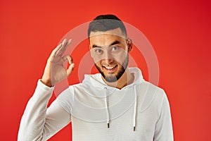 Handsome Kazakh man toothy smiles on red background shows `it`s ok` gesture. Portrait of young happy asian bearded guy dressed in