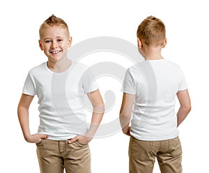 Handsome kid boy model in white t-shirt or tshirt back and front photo