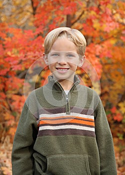 Handsome little blond boy close up in fall