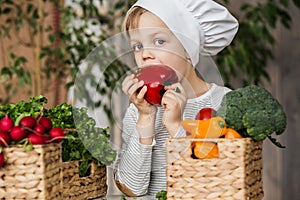 Handsome little kid in chef uniform with vegetables. Cooking in kitchen at home. Vegetarian. Healthy food